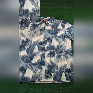 Tori Richard Shirt Mens 2XL White With Blue Hawaiian Leaf Cotton Dobby Hawaii